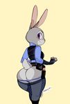  anthro butt clothed clothing disney female fur hi_res judy_hopps lagomorph long_ears looking_back mammal panties panties_down pants_down partially_clothed pawtsun pussy rabbit simple_background smile solo tsudanym underwear zootopia 