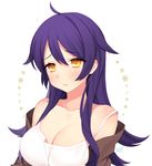  ahoge bare_shoulders blush breasts brown_jacket byulzzimon cleavage closed_mouth collarbone copyright_request embarrassed eyebrows_visible_through_hair hair_between_eyes jacket large_breasts long_hair looking_at_viewer off_shoulder purple_hair shirt solo white_background white_shirt yellow_eyes 