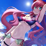  arm_behind_head bikini blue_eyes breasts chikugen_shiina cleavage_cutout commentary_request dutch_angle grin groin hair_between_eyes large_breasts long_hair lowres maria_cadenzavna_eve navel pink_hair senki_zesshou_symphogear senki_zesshou_symphogear_xd_unlimited side-tie_bikini smile solo swimsuit underboob very_long_hair 