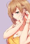  adjusting_earrings ahoge bad_id bad_pixiv_id blonde_hair blush breasts cleavage dress earrings green_eyes hair_down highres idolmaster idolmaster_cinderella_girls idolmaster_cinderella_girls_starlight_stage jewelry long_hair medium_breasts putting_on_jewelry ryuu. satou_shin simple_background sketch smile solo 