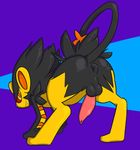  anus balls black_fur erection feline feral fur luxray male mammal nintendo nude orange_fur penis pok&eacute;mon simple_background smile solo thanu video_games yellow_eyes yellow_fur 