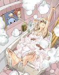  1girl armpits arms_up barefoot bath bathing bathroom bathtub blonde_hair breasts bubble_bath bug cat claw_foot_bathtub convenient_censoring fairy_tail feet hair_down happy_(fairy_tail) insect long_hair lucy_heartfilia mashima_hiro medium_breasts natsu_dragneel nude prank relaxed shampoo shower_curtain smile soap soap_bottle soap_bubbles soap_censor soles spiked_hair steam stick stretch toes water window 