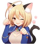  :3 :d ahoge animal_ears arm_belt bangs blonde_hair blue_capelet brown_eyes byulzzimon capelet cat_ears cat_girl cat_tail cleavage_cutout detached_sleeves eyebrows_visible_through_hair fang gem hair_between_eyes jewelry long_sleeves looking_at_viewer meme_attire necklace one_eye_closed open-chest_sweater open_mouth paw_pose paw_print ribbed_sweater short_hair simple_background smile solo sweater sweater_vest tail white_background white_sweater 