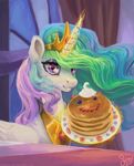  2017 crown equine feathered_wings feathers female feral food friendship_is_magic hair horn inside jewelry looking_at_viewer magic mammal multicolored_hair my_little_pony necklace nemo2d pancake princess_celestia_(mlp) purple_eyes smile solo white_feathers winged_unicorn wings 