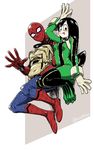  1girl against_wall aiue0 asui_tsuyu bag black_eyes black_hair blush bodysuit boku_no_hero_academia breasts commentary_request covered_navel frog_girl full_body gloves highres long_hair looking_at_viewer marvel simple_background small_breasts spider-man spider-man_(series) tongue tongue_out twitter_username waving web_shooter white_background 