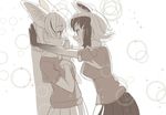  524_(kemono_ethread) :d :o animal_ears blush breast_pocket commentary_request common_raccoon_(kemono_friends) extra_ears eye_contact eyebrows_visible_through_hair fennec_(kemono_friends) fox_ears from_side fur_collar gloves kemono_friends looking_at_another monochrome multicolored_hair multiple_girls no_tail open_mouth own_hands_together parody pleated_skirt pocket raccoon_ears sepia short_hair short_sleeves skirt smile sparkle v-shaped_eyebrows wall_slam yuri 