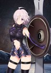  ahoge armor black_legwear black_leotard breasts breasts_apart cowboy_shot elbow_gloves eyebrows_visible_through_hair fate/grand_order fate_(series) gloves hair_between_eyes hair_over_one_eye highres leotard looking_at_viewer mash_kyrielight medium_breasts midriff milky_way navel navel_cutout night outdoors parted_lips pink_hair purple_eyes red_moon_(8632110) short_hair sky solo standing star_(sky) starry_sky stomach thigh_strap thighhighs 