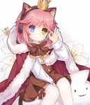  arm_up between_legs blue_eyes blush bow bow_legwear brown_bow brown_skirt cat_ear_headphones cloak crown flower fur-trimmed_cloak hair_flaps hand_between_legs head_tilt headphones heterochromia hood hood_down hooded_cloak long_hair long_sleeves looking_at_viewer ok_sign orchid pink_hair red_cloak shirt simple_background sitting skirt solo tengxiang_lingnai thighhighs tirpitz_(zhan_jian_shao_nyu) white_background white_legwear white_shirt yellow_eyes zhan_jian_shao_nyu 