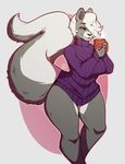  2017 anthro avante92 beverage bottomless breasts clothed clothing cup female hair hair_over_eye hi_res littlest_pet_shop mammal pepper_clark purple_eyes skunk solo sweater white_hair 