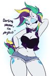  2017 absurd_res alternate_hairstyle anthro anthrofied blue_eyes breasts cleavage clothed clothing cutie_mark cutoffs denim_shorts dialogue ear_piercing english_text equine eyelashes eyeshadow female friendship_is_magic hair hand_behind_head hand_on_hip hi_res horn makeup mammal midriff multicolored_hair multicolored_tail my_little_pony navel piercing rarity_(mlp) shorts solo text unicorn wickedsilly 
