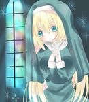 1girl artist_request blonde_hair breasts clasped_hands crying dress green_eyes highres long_hair medium_breasts nun original parted_lips sad veil window 