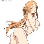  arched_back artist_name ass asuna_(sao) baba_arumi bangs bikini breasts brown_eyes brown_hair contrapposto cowboy_shot dated from_side half_updo hand_on_own_ass hand_on_own_chest large_breasts leaning_forward long_hair looking_at_viewer one_side_up parted_bangs parted_lips side-tie_bikini sideboob sidelocks simple_background solo standing string_bikini sweatdrop swimsuit sword_art_online very_long_hair white_background white_bikini 