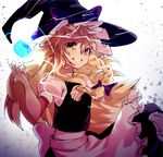  apron asuzemu big_hair black_hat black_skirt blonde_hair bow braid brown_eyes eyebrows_visible_through_hair floating_hair hair_between_eyes hair_bow hat kirisame_marisa long_hair long_skirt looking_at_viewer purple_bow shirt short_sleeves sketch skirt solo touhou very_long_hair white_apron white_shirt witch_hat 