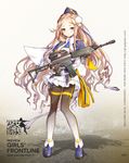  ak5_(girls_frontline) assault_rifle baizu_(guszx) black_legwear black_skirt blonde_hair blue_jacket blush braid character_name copyright_name forehead frilled_skirt frills full_body garrison_cap girls_frontline gun hair_ornament hat highres holding holding_gun holding_weapon jacket long_hair looking_at_viewer military military_uniform pantyhose parted_lips puffy_sleeves rifle ringlets shadow side_braid skirt solo standing tsurime uniform very_long_hair watermark wavy_hair weapon web_address x_hair_ornament 