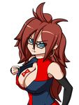  1girl android_21 bare_shoulders blue_eyes boscosden_(artist) breasts brown_hair cleavage cleavage_cutout curly_hair detached_sleeves dragon_ball dragon_ball_fighterz earrings erect_nipples glasses large_breasts long_hair looking_at_viewer parted_lips simple_background smile solo upper_body white_background 
