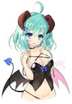  ahoge aqua_eyes bare_arms bare_shoulders black_choker black_dress black_panties blue_ribbon blush breasts byulzzimon choker cleavage collarbone corset demon_girl demon_horns demon_tail demon_wings dot_nose dress eyebrows_visible_through_hair flower frilled_dress frills hair_flower hair_ornament hairclip horns looking_at_viewer medium_breasts medium_hair navel off_shoulder open_mouth original panties pubic_tattoo ribbon signature simple_background solo standing tail tattoo underwear white_background wings 
