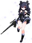  :&lt; ass_visible_through_thighs bangs bare_legs bare_shoulders black_dress black_footwear black_gloves black_hair black_ribbon blush closed_mouth commentary_request dress elbow_gloves eyebrows_visible_through_hair flat_chest full_body gloves gun hair_ornament hair_ribbon hexagon highres holding holding_gun holding_weapon karukan_(monjya) leg_up long_hair looking_at_viewer md5_mismatch neptune_(series) red_eyes ribbon rifle scope serious sidelocks sleeveless sleeveless_dress smile sniper_rifle solo standing standing_on_one_leg thigh_gap two_side_up uni_(choujigen_game_neptune) v-shaped_eyebrows weapon white_background 