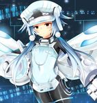  blue_hair bodysuit cabbie_hat gauntlets hair_ornament hat highres looking_at_viewer neptune_(series) next_white power_symbol ray_726 red_eyes shin_jigen_game_neptune_vii short_hair_with_long_locks sidelocks symbol-shaped_pupils white_heart wings 