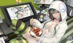  :/ bangs bedroom blanket bowl breasts can character_doll chibi chopsticks cleavage closed_mouth colored_stripes commentary_request controller desk drawing_tablet food from_side green_eyes green_hair green_legwear hair_between_eyes hammer hardhat helmet highres holding holding_bowl holding_chopsticks holding_food hood hood_up hoodie indoors jikeshi keyboard_(computer) knee_up knees_up leaning_back long_hair long_sleeves looking_at_viewer medium_breasts minigirl monitor mouse_(computer) naked_hoodie no_pants original painttool_sai pillow power_strip rappelling recursion remote_control rice rice_bowl roomba rope sitting sleeping soda_can solo speaker striped striped_legwear stylus tablet thighs tsurime yakiniku 