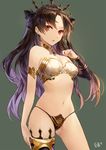  anklet armlet artist_name asymmetrical_legwear asymmetrical_sleeves bare_shoulders black_hair cowboy_shot earrings fate/grand_order fate_(series) hair_ribbon highres hoop_earrings ishtar_(fate/grand_order) jewelry kim_eb long_hair looking_at_viewer navel red_eyes ribbon simple_background single_thighhigh solo thighhighs two_side_up 