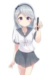  asymmetrical_bangs bangs blue_bow blue_hairband bow commentary eromanga_sensei grey_sailor_collar grey_skirt hairband highres holding_stylus kantai_collection long_hair look-alike looking_at_viewer namesake pleated_skirt purple_eyes sagiri_(kantai_collection) sailor_collar school_uniform serafuku short_sleeves silver_hair simple_background skirt smile solo stylus swept_bangs tachibana_(x_quick) white_background 