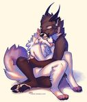  anthro black_nose canine cervine deer dog duo hooves lukiri male mammal nude paws simple_background sitting smile tongue white_background 