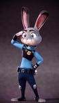  2016 3_toes 3d_(artwork) 4_fingers absurd_res anthro biped black_fur blue_eyes clothed clothing detailed digital_media_(artwork) dipstick_ears disney female front_view fur gesture grey_background grey_fur hand_on_hip hi_res judy_hopps lagomorph mammal multicolored_fur pants pink_nose police_uniform rabbit salute shadow shirt simple_background small_waist smashingrenders smile solo standing toeless_footwear toes uniform white_fur zootopia 
