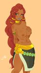  1girl abs blue_lips breasts dark_skin gerudo green_eyes hand_on_chest lipstick navel nipples red_hair riju solo the_legend_of_zelda the_legend_of_zelda:_breath_of_the_wild topless 