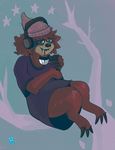  2017 3_toes 4_fingers anthro arm_tuft beanie biped black_claws blue_background bottomless branch brown_eyes brown_fur brown_hair brown_nose claws clothed clothing cup digital_drawing_(artwork) digital_media_(artwork) digitigrade drinking drooling front_view full-length_portrait fur grey_clothing hair half-closed_eyes hat headphones holding_cup in_tree leg_tuft long_claws male mammal messy_hair newd nobby_(character) on_branch oversized_shirt portrait reclining saliva shirt short_hair simple_background sitting sloth smile solo star toe_claws toes tree 