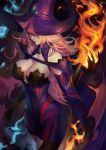  1girl blazblue breasts cleavage fire hat konoe_a_mercury large_breasts long_hair pink_hair witch_hat 