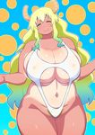  1girl bare_arms bare_legs bare_shoulders blush bouncing_breasts breasts closed_mouth collarbone cowboy_shot curvy erect_nipples eyes_closed happy highres horns huge_breasts impossible_clothes kobayashi-san_chi_no_maidragon legs long_hair motion_lines mound_of_venus multicolored_hair navel one-piece_tan plump pubic_hair quetzalcoatl_(maidragon) simple_background smile standing swimsuit tan tanline tetrodotoxin thick_thighs thighs 
