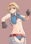 adapted_costume alice_margatroid alternate_costume armpits bare_arms bare_shoulders belt belt_buckle black_gloves blonde_hair blue_eyes blue_panties blush breasts brown_background buckle clenched_teeth collarbone cowboy_shot crotchless_pants embarrassed eyebrows_visible_through_hair floating_hair gloves groin hairband hands_up highres lolita_hairband looking_at_viewer m92fs midriff navel no_bra nose_blush panties pants parted_lips short_hair simple_background small_breasts solo standing stomach sweatdrop teeth touhou underboob underwear vest wing_collar 