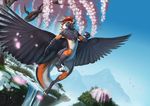  anthro avian beak black_beak black_feathers day detailed_background digital_media_(artwork) feathered_wings feathers hair hybrid jackrow male red_hair sky smile solo wings 