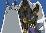  1girl absurdres animal_ears bald blue_background commentary_request cosplay darius_iii_(fate/grand_order) dark_skin dark_skinned_male fate/grand_order fate_(series) glowing glowing_eyes highres jackal_ears looking_at_another medjed medjed_(cosplay) nitocris_(fate/grand_order) nitocris_(swimsuit_assassin)_(fate) shadow tattoo yellow_eyes yuuma_(u-ma) 