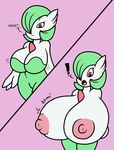  2017 anthro areola big_breasts blush breast_expansion breasts digital_media_(artwork) eyelashes female gardevoir green_hair hair huge_breasts humanoid hyper hyper_breasts mammal mr.under nintendo nipples open_mouth pok&eacute;mon red_eyes simple_background solo surprise video_games 