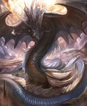  cloud cloudy_sky cygames dragon dragon_horns dragon_wings fins genesis_dragon horns no_humans official_art scales shadowverse shingeki_no_bahamut sky spines spire wings 