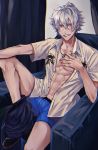  1boy abs aohitsugi_samatoki earrings hypnosis_mic jewelry necklace open_clothes open_shirt partially_undressed piercing red_eyes sitting underwear white_hair 