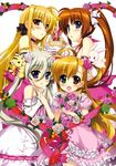  4girls blonde_hair blue_eyes blush bouquet brown_hair cake couple dress einhart_stratos fate_testarossa flower food fujima_takuya green_hair hair_ornament hand_holding heterochromia interlocked_fingers long_hair lyrical_nanoha mahou_shoujo_lyrical_nanoha mahou_shoujo_lyrical_nanoha_vivid multiple_girls official official_art rabbit red_eyes ribbon sacred_heart side_ponytail stuffed_animal takamachi_nanoha tongue vivio yuri 