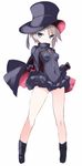  ange_(princess_principal) bare_legs black_cape black_footwear black_hat blue_eyes breasts cape commentary_request covered_navel full_body gloves grey_hair hat highres karukan_(monjya) looking_at_viewer princess_principal shoes short_hair skirt small_breasts solo standing top_hat white_background 