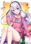  black_hairband blue_eyes bow collarbone eromanga_sensei eyebrows_visible_through_hair floating_hair frilled_shorts frills hairband head_tilt headphones highres holding holding_stylus izumi_sagiri kyuu_(chiu850513) long_hair looking_at_viewer microphone neck_ribbon open_mouth pink_bow pink_ribbon pink_shorts pink_sweater ribbon short_shorts shorts silver_hair sitting solo sweater very_long_hair 