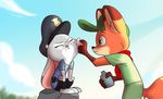  anthro bottle boy_scout canine child clothing cub cute disney duo female fox hat holding_bottle holding_object judy_hopps lagomorph long_ears male mammal molinatwins neckerchief nick_wilde ointment police rabbit sitting standing tears uniform url watermark wounded young zootopia 
