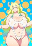  1girl bare_arms bare_legs bare_shoulders blush bouncing_breasts breasts collarbone cowboy_shot curvy erect_nipples eyes_closed happy highres horns huge_breasts impossible_clothes kobayashi-san_chi_no_maidragon legs long_hair motion_lines mound_of_venus multicolored_hair navel plump pubic_hair quetzalcoatl_(maidragon) simple_background smile standing swimsuit tetrodotoxin thick_thighs thighs white_swimsuit 