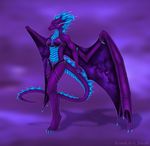  5_fingers anthro barefoot blue_eyes breasts digital_media_(artwork) digitigrade dragon female membranous_wings midriff purple_background selianth simple_background smile solo spines wings 