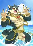  beach canine chain dog garmr kumak male mammal muscular muscular_male penis pose seaside tokyo_afterschool_summoners uncut water 