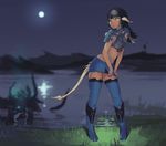  animal_humanoid anthro au_ra black_hair breasts clothed clothing female final_fantasy final_fantasy_xiv fruitbloodmilkshake grass hair horn humanoid midriff moon night outside public sky solo square_enix video_games water wide_hips 