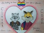 &lt;3 2015 aiden_harris anthro backpack bashfulbuckboy canine closet_coon clothed clothing colin_young english_text fox front_view fur gay_pride grey_fur male mammal orange_fur raccoon rainbow romantic_couple shirt text traditional_media_(artwork) 