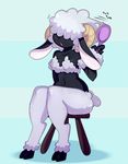  2017 absurd_res anthro biped black_skin blue_background breasts brushing_hair caprine cleavage clothed clothing cloven_hooves curved_horn digital_drawing_(artwork) digital_media_(artwork) digitigrade female floppy_ears fluffy fluffy_tail front_view full-length_portrait fur hair hair_over_eyes hairbrush hi_res holding_object hooves horn mammal medium_breasts motion_lines nude open_mouth pattern_background portrait pseudo_clothing sheep short_tail simple_background sitting slim small_waist solo somescrub sound_effects stool striped_background voluptuous white_fur white_hair white_tail wool yellow_horn 