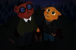  alcohol angus_(nitw) beach bear beer beverage boots canine clothed clothing eyewear fedora footwear forest fox fully_clothed fur ginger_fur glasses gregg_(nitw) hat jacket lake leather leather_jacket looking_up looking_up_at_the_sky mammal monochromewasteland_(artist) necktie night night_in_the_woods orange_fur pants seaside shirt shoes star starry_eyed sweater tree water 
