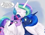  2017 blush dialogue english_text equine eyes_closed feathered_wings feathers female feral friendship_is_magic group hair horn long_hair mammal multicolored_hair my_little_pony princess_celestia_(mlp) princess_luna_(mlp) purple_eyes sibling silfoe sisters smile text twilight_sparkle_(mlp) white_feathers winged_unicorn wings 