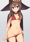  bangs bikini bikini_pull black_hair blush breasts brown_hair choker cloak closed_mouth collarbone commentary_request cowboy_shot eyebrows_visible_through_hair grey_background hair_between_eyes hat highres hips jovejun kono_subarashii_sekai_ni_shukufuku_wo! looking_at_viewer megumin navel purple_eyes red_bikini short_hair short_hair_with_long_locks sidelocks simple_background small_breasts solo stomach swimsuit thighs tsurime witch_hat 